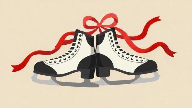 Ice skates with a red ribbon create a festive winter holiday scene