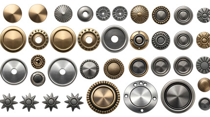 Metal jeans buttons and rivets set collection isolaated on white background.