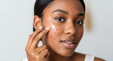 Woman applying cream to face with acne and blemishes for skincare treatment close up portrait view