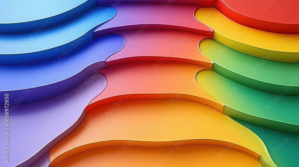 Poster abstract colorful curved steps or platforms in a rainbow gradient.