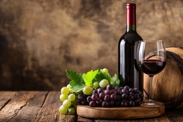 Fototapeta premium Red Wine Bottle, Glass, Grapes, and Wooden Barrel on Table