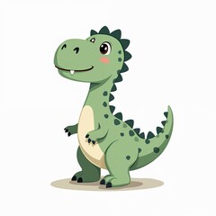 Fototapeta premium Cute cartoon Tyrannosaurus Rex dinosaur illustration. Green T-Rex with dark spots, big eyes, blushing cheeks, friendly smile. Prehistoric reptile art, perfect for kids educational content,