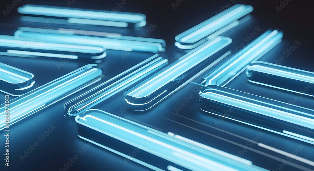 Fototapete illuminated cylindrical crystal formations arranged on a dark plane, creating a futuristic and abstr
