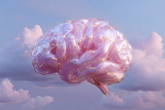 Pink, iridescent brain floats in pastel sky