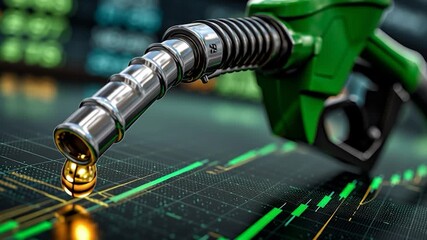 Fuel Nozzle Dripping Gasoline Over a Financial Graph. Perfect for oil prices, energy markets, fuel costs, and the global economy. - Powered by Adobe