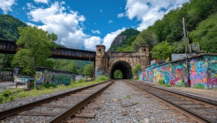 Obraz premium Railroad tunnel amidst graffitied landscape