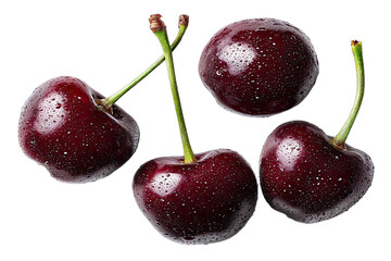 Four dark red cherries, glistening with water droplets, arranged in a loose cluster against a black background.  The stems are visible, and each cherry is plump and round