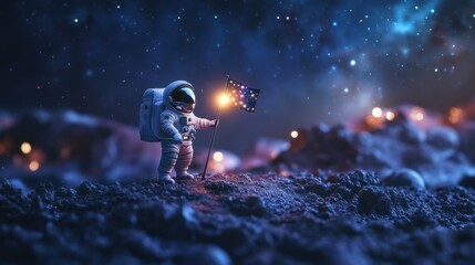 Fototapeta premium Astronaut Standing on Moon Surface Holding Flag Against Starry Sky