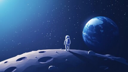 Astronaut Standing on Moon Surface Gazing at Earth in Cosmic Space