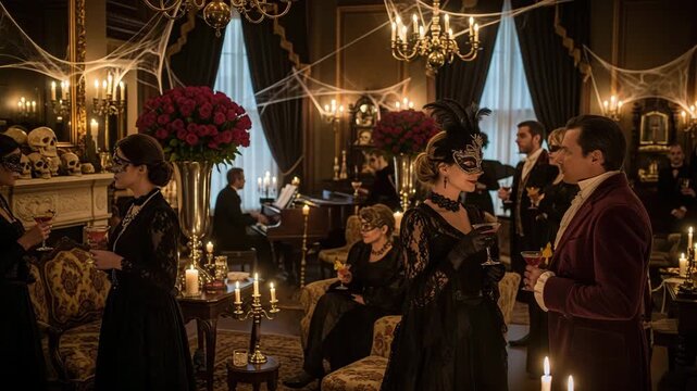 Masquerade party in an old mansion. Guests in elegant costumes and masks, decorated with cobwebs around. Halloween party in vintage masquerade style. Lots of candles and decorations.