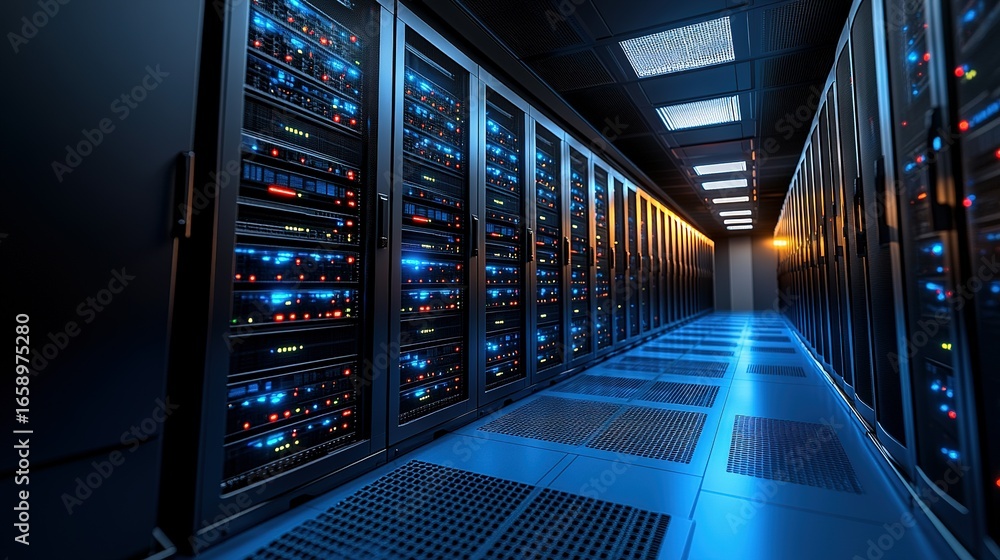 Poster server room with rows of data storage racks and blue lighting.