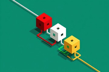 Isometric Pixelated Cubes Linked By Lines On Teal Background