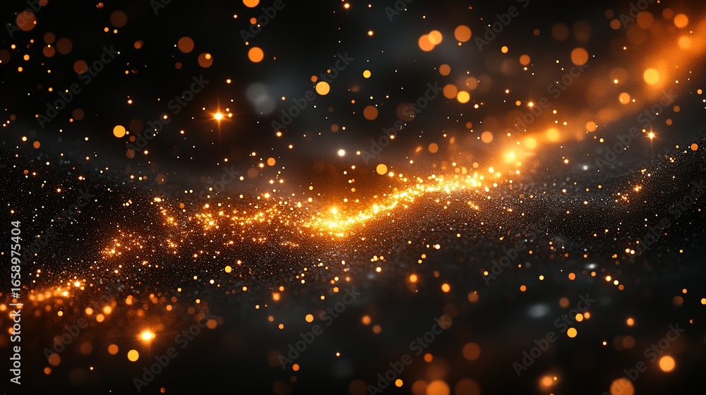 Poster abstract background with glowing particles and light streaks against a dark backdrop.