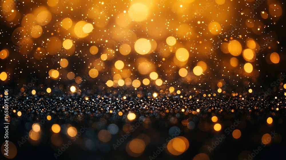 Poster bokeh lights with gold and black colors create a festive abstract background.