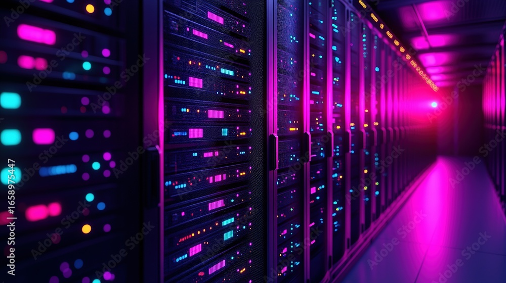 Aufkleber server room with glowing lights showing data processing and information technology.
