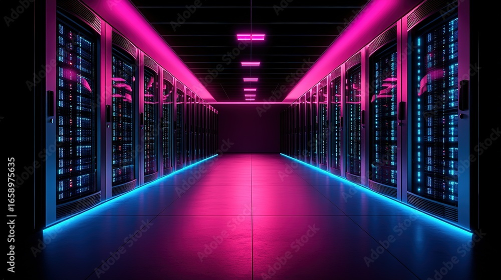 Aufkleber server room with pink and blue neon lighting showing rows of computer hardware.