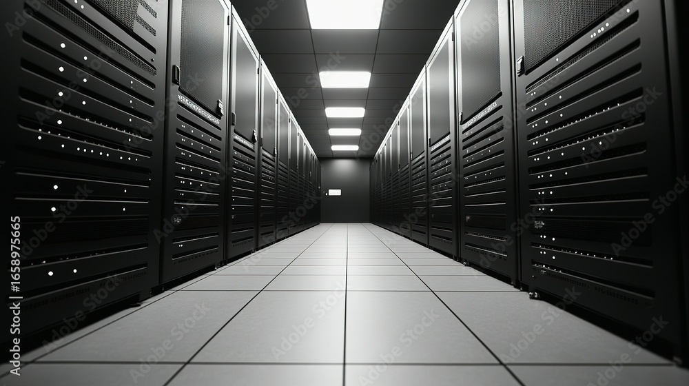 Aufkleber a corridor of server racks in a data center with bright overhead lighting.