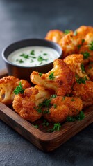 Fototapeta premium Crispy golden cauliflower florets served on a wooden platter with fresh parsley and a side of creamy dipping sauce in a rustic setting perfect for snacks and appetizers
