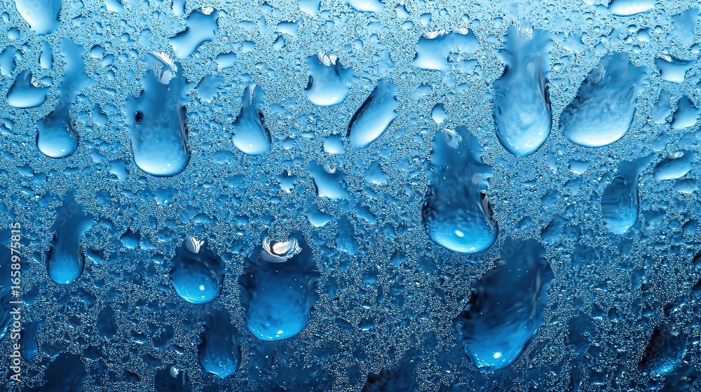 Poster water droplets cling to a blue surface creating an abstract pattern.