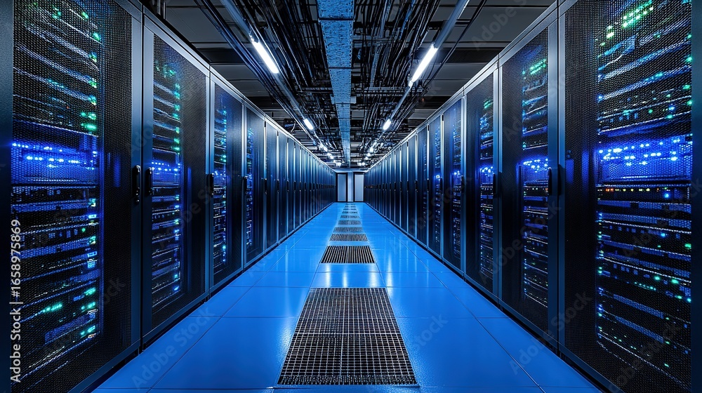 Aufkleber server room aisle with rows of computer servers and blue lighting.