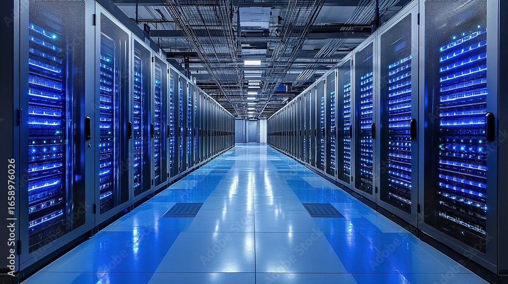 Aufkleber server room with rows of computer racks and blue lights.