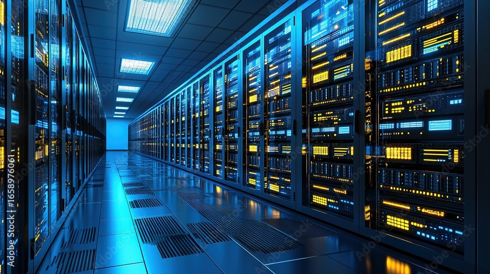 Poster server room with rows of computer servers and blue lighting.