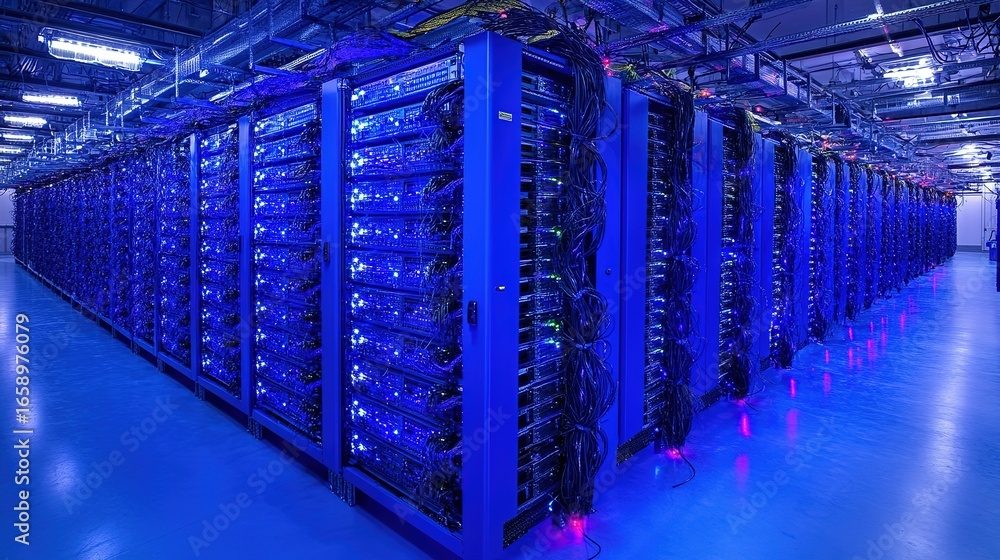 Aufkleber rows of computer servers in a data center with blue lighting.