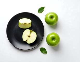 Obraz premium Fresh green apples sliced and whole on a black plate