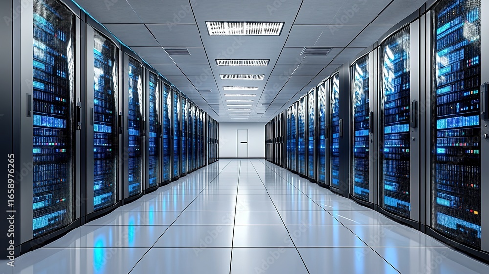 Aufkleber corridor with server racks in a data center with bright lighting.