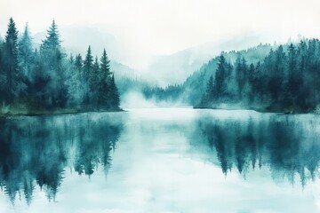 Fototapeta premium Serene Misty Landscape Reflection of Evergreen Forest and Water