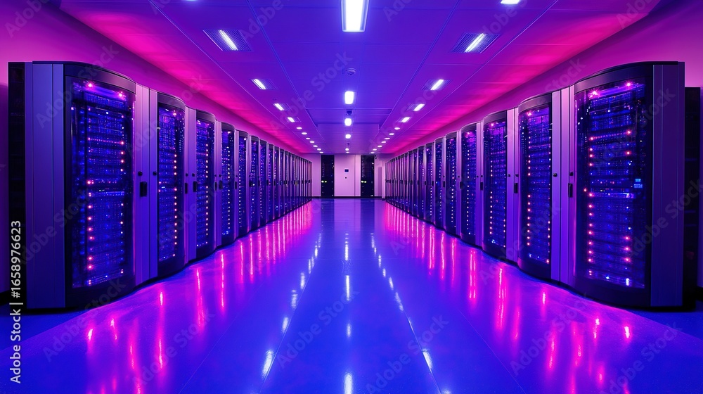 Aufkleber server room with rows of computer racks illuminated by blue and pink lights.
