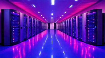Fototapeta premium Server room with rows of computer racks illuminated by blue and pink lights.