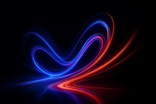 Abstract swirling trails of blue and red light on a dark background