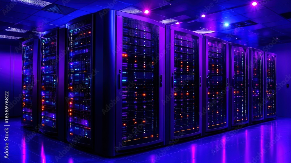 Poster rows of server racks in a data center with blue and purple lighting.