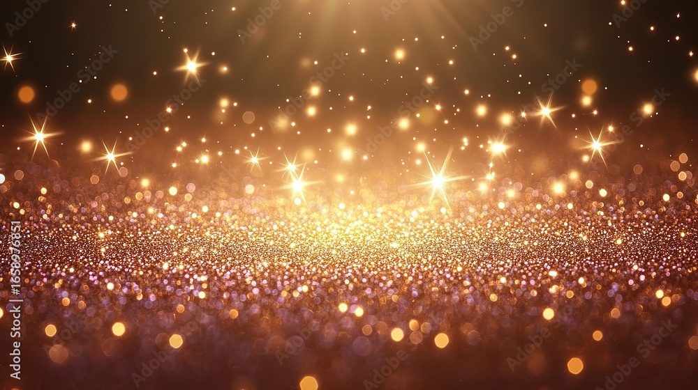 Poster sparkling gold glitter background with bokeh effect and bright light shining through.