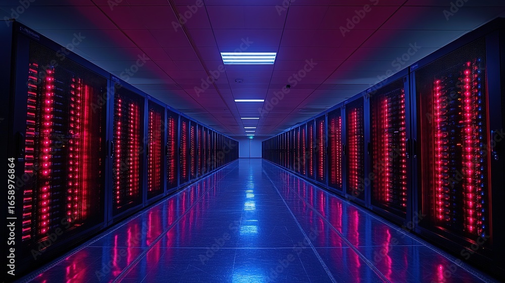 Poster data center aisle with server racks illuminated in red and blue light.