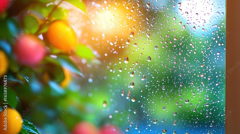 Poster raindrops on a window with blurred trees and fruits in the background.