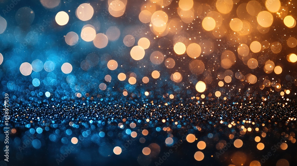 Poster abstract background with bokeh lights in blue and gold colors creating a festive mood.