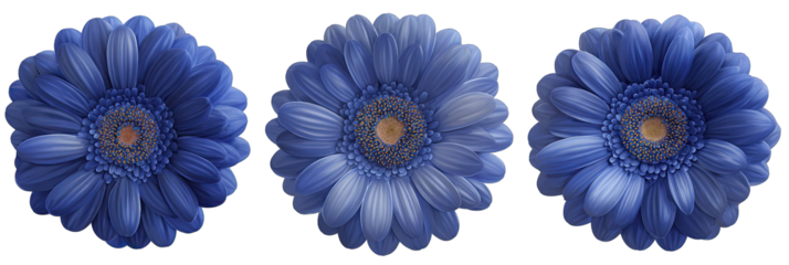Three vibrant, light-blue gerbera daisies against a black background