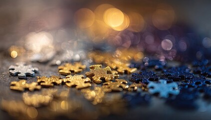 Golden, silver, and blue puzzle pieces scattered on a dark surface, with bokeh lights in the background