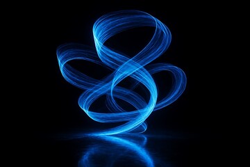 Abstract blue light painting swirls against a dark background with reflection