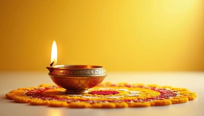 Diwali diya with vibrant rangoli pattern on yellow background. Burning candle flame in brass oil lamp on colorful floral design. Traditional Indian culture festival decoration, spiritual warmth,