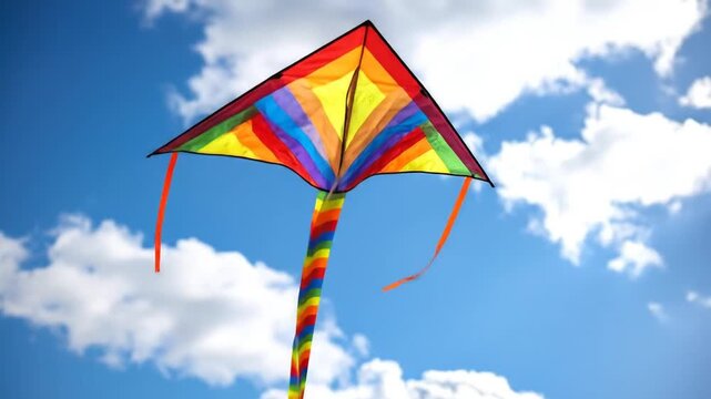 A rainbow kite soaring against a partly cloudy sky