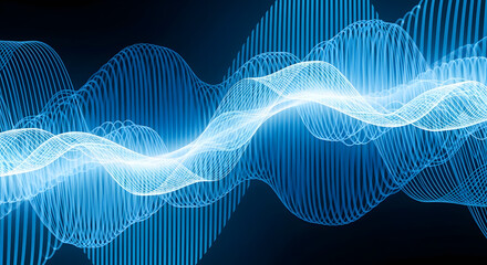 A captivating visualization featuring intricate, flowing sinusoidal waves rendered in vibrant blues against a dark backdrop, evoking a sense of ethereal energy and digital connectivity representing