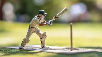 Cricket Player Figurine in Action with Bat on Grass Surface