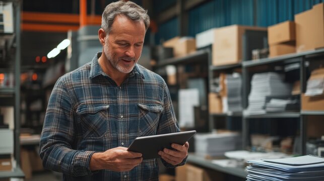 Middle-aged man using tablet in warehouse with stacks of paper - Powered by Adobe