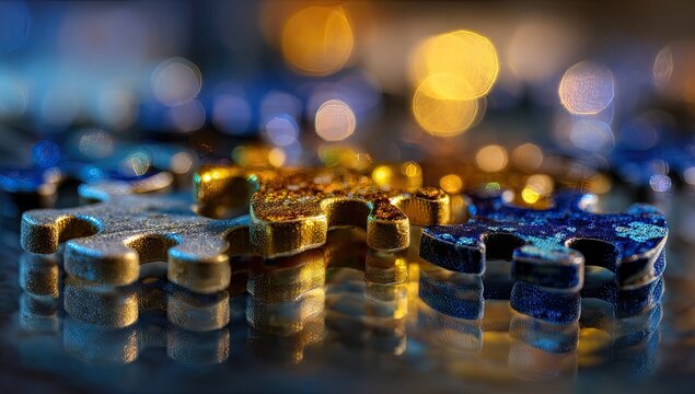 Close-up of puzzle pieces, vibrant colors, bokeh - Powered by Adobe