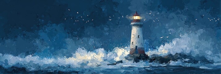 A lighthouse stands strong amidst stormy seas at night