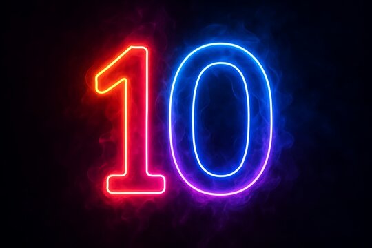 Vibrant neon number ten glows in a dark background with red and blue hues