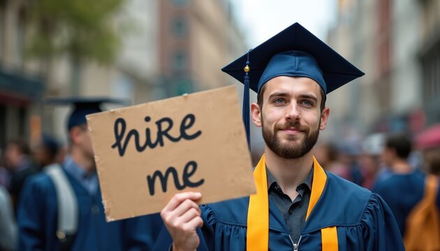 Young graduate holds Hire Me sign in busy street after graduation. Hopeful job seeker faces employment challenges, seeks career opportunity. Displays ambition, determination for pro growth.